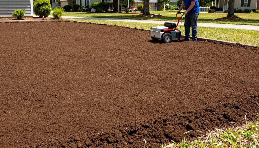 Soil preparation for sod installation showing grading and amendment application