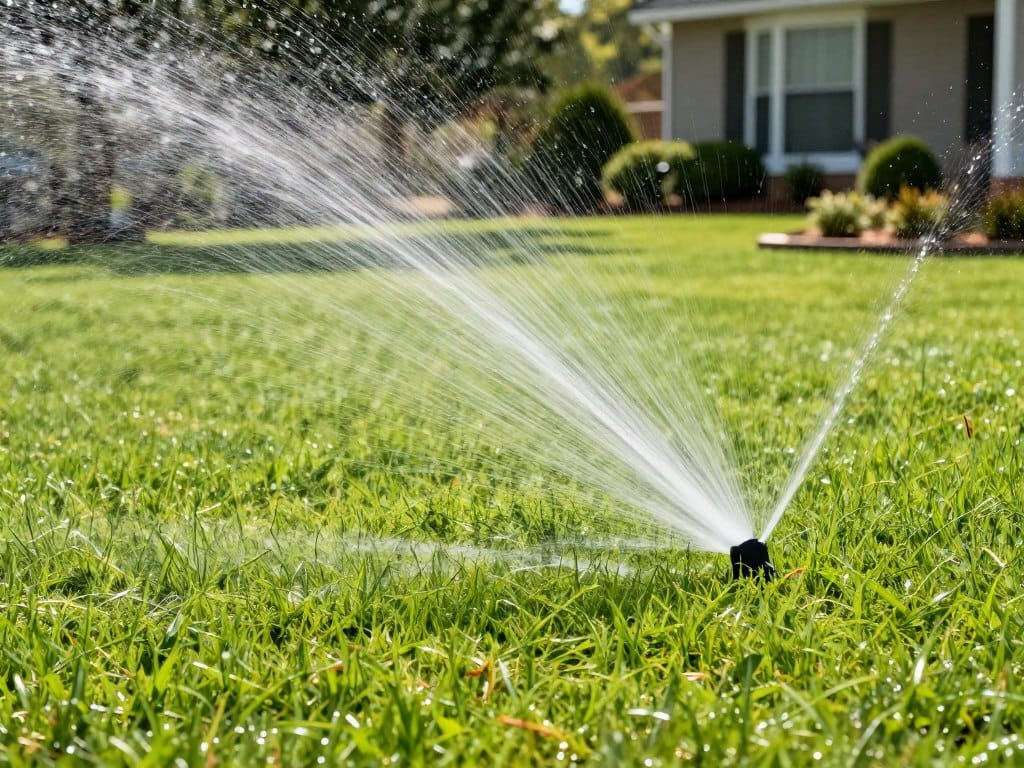 Sprinkler system watering newly installed sod for proper establishment