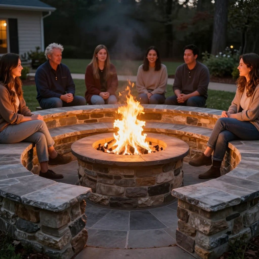 Stone fire pit with circular seating in White Georgia backyard Stone fire pit with circular seating in White Georgia backyard