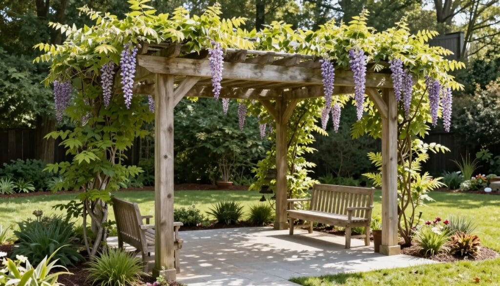 Wooden pergola with climbing vines over patio area in White GA Wooden pergola with climbing vines over patio area in White GA