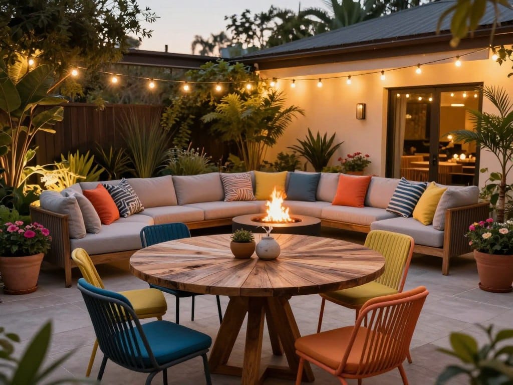 A beautifully designed enclosed outdoor space featuring creative patio seating and dining furniture. In the foreground, a stylish circular dining table made of reclaimed wood, surrounded by modern, colorful chairs with cushions. Nearby, a cozy lounge area with a contemporary sectional sofa adorned with vibrant throw pillows, offering a relaxed atmosphere. A fire pit glows softly at the center, inviting warmth and gathering. The middle ground showcases lush potted plants and flowers, enhancing the natural feel. In the background, the enclosure is decorated with elegant string lights creating a warm ambiance in the twilight. Soft golden lighting illuminates the scene, taken with a wide-angle lens to capture the inviting layout, evoking a sense of comfort and creativity in outdoor living.