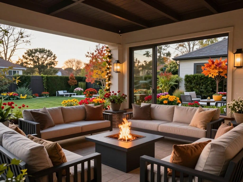 A beautifully designed enclosed patio space showcasing seasonal adaptations for year-round enjoyment. In the foreground, elegant patio furniture with plush cushions. A cozy fire pit surrounded by modern seating creates a warm atmosphere. In the middle ground, large glass doors open to a garden adorned with vibrant flowers and seasonal decorations like autumn leaves and winter garlands. Soft, natural lighting sets a serene mood, capturing the warmth of a sunny afternoon transitioning into a cooler evening. The background features distant trees, their leaves changing colors, indicating the shift in seasons. Capture this inviting outdoor living space from a slightly elevated angle, emphasizing the harmony between indoor and outdoor elements, creating a sense of comfort and connectivity.