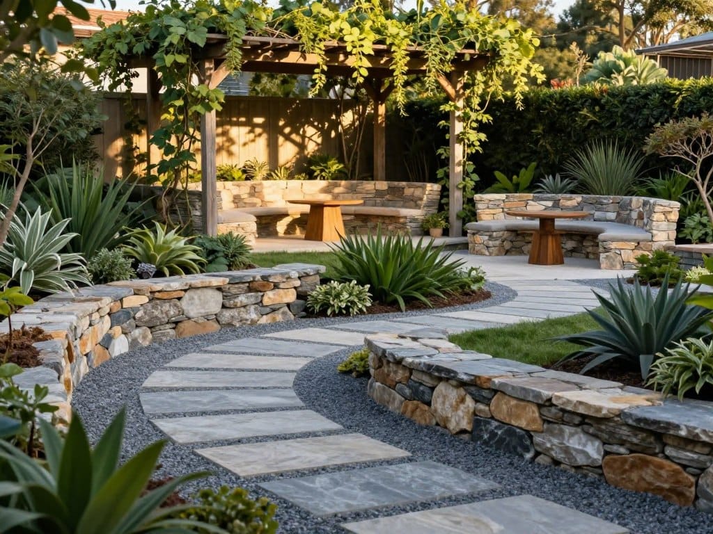 A beautifully designed garden featuring various hardscaping elements prominently displayed. In the foreground, intricate stone pathways meander through the landscape, surrounded by well-placed gravel beds and retaining walls, creating a sense of structure. The middle section showcases elegant outdoor seating areas made of natural stone and timber, highlighted by lush green foliage and sculptural plants. In the background, a charming wooden pergola draped with climbing vines casts dappled shadows on the scene. The lighting is soft and warm, reminiscent of late afternoon, enhancing the textures and colors of the hardscaping materials. The mood is serene and inviting, ideal for relaxation and enjoyment in a well-structured outdoor space. The perspective is slightly elevated, giving an engaging view of the layered hardscaping in harmony with nature.