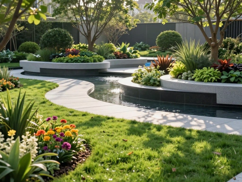 A beautifully designed innovative landscape featuring a harmonious blend of modern elements and nature. In the foreground, lush green grass meets a winding path made of polished stones, bordered by vibrant flowering plants in various colors. The middle ground showcases a series of contemporary planters, each uniquely shaped, filled with diverse foliage. A tranquil water feature, such as a small pond or fountain, reflects the sunlight. In the background, professionally landscaped trees stand tall, casting dappled shadows. The scene is illuminated by soft morning light, creating a fresh and inviting atmosphere. The composition is viewed from a slightly elevated angle to capture the depth of the design. The mood is serene and inspiring, reflecting the potential of innovative landscape construction. A beautifully designed innovative landscape featuring a harmonious blend of modern elements and nature. In the foreground, lush green grass meets a winding path made of polished stones, bordered by vibrant flowering plants in various colors. The middle ground showcases a series of contemporary planters, each uniquely shaped, filled with diverse foliage. A tranquil water feature, such as a small pond or fountain, reflects the sunlight. In the background, professionally landscaped trees stand tall, casting dappled shadows. The scene is illuminated by soft morning light, creating a fresh and inviting atmosphere. The composition is viewed from a slightly elevated angle to capture the depth of the design. The mood is serene and inspiring, reflecting the potential of innovative landscape construction.