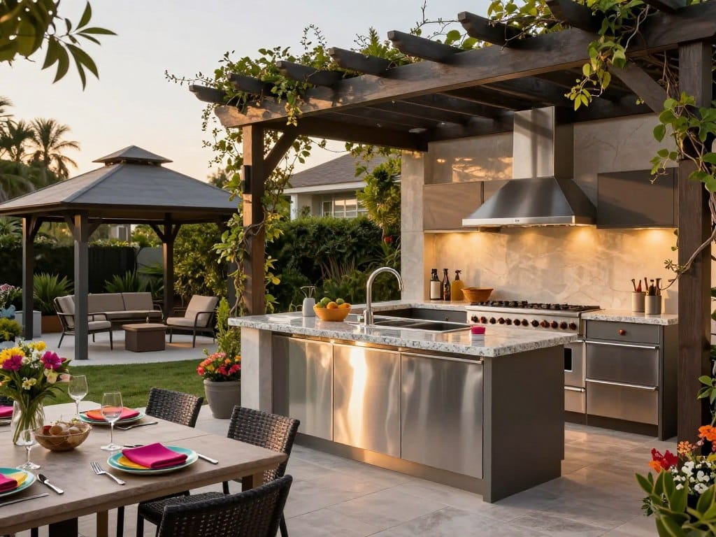 A beautifully designed outdoor kitchen featuring sleek stainless steel appliances, a large island with bar seating, and elegant granite countertops, all under a stylish pergola. The pergola is adorned with climbing vines and soft ambient lighting, creating a cozy atmosphere. Nearby, a modern gazebo with minimalistic furniture invites relaxation, surrounded by lush greenery and colorful flower beds. In the foreground, a well-set dining table with vibrant plates and utensils adds a welcoming touch. The scene is bathed in warm golden hour light, casting soft shadows and enhancing the inviting feel. The angle captures both the kitchen and gazebo, creating a harmonious blend of functionality and elegance in an idyllic outdoor setting.