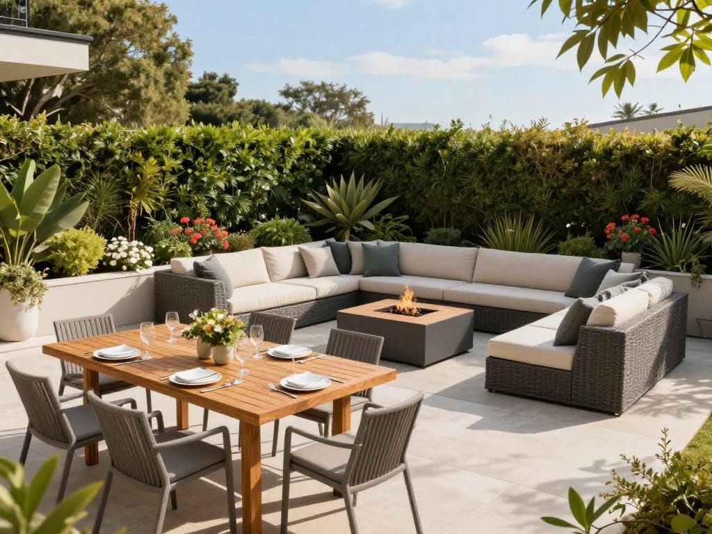 A beautifully designed outdoor living area featuring a modern patio setup with comfortable lounge furniture made of weather-resistant materials. In the foreground, a sleek wooden dining table is set with elegant dinnerware, surrounded by stylish chairs. The middle ground showcases a cozy fire pit surrounded by cushions and small potted plants, providing a relaxed atmosphere. In the background, lush greenery and flowering plants create a vibrant hedge, framed by a clear blue sky with soft, warm sunlight filtering through, casting gentle shadows. The scene has a serene and inviting mood, perfect for social gatherings. The composition should be captured from a slightly elevated angle, simulating a bird's-eye view, emphasizing the layout and design of the space.