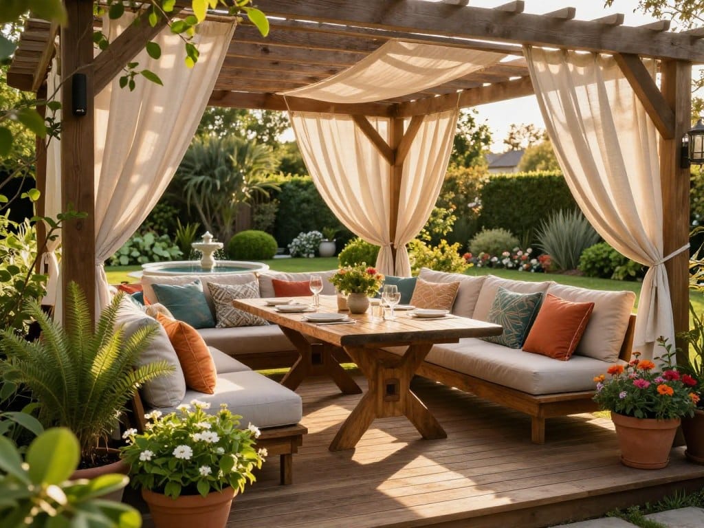 A beautifully designed outdoor living space, featuring a charming wooden deck furnished with comfortable, inviting seating, and adorned with colorful cushions. In the foreground, lush green potted plants and vibrant flowers create a welcoming atmosphere. The middle ground showcases a rustic dining table set for a casual meal under a wooden pergola, draped with soft, flowing fabric to filter sunlight. The background features a tranquil garden with a small water fountain and carefully manicured shrubbery, bathed in warm, golden-hour sunlight for a serene glow. The scene is captured from a slightly elevated angle, emphasizing both the intimate gathering space and the expansive beauty of the garden. The overall mood is relaxed and inviting, perfect for outdoor gatherings and peaceful retreats.