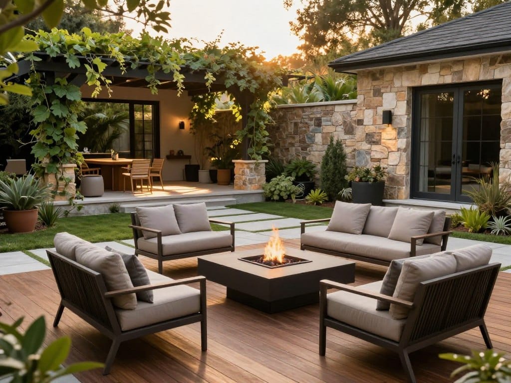 A beautifully designed outdoor living space that showcases quality materials and construction solutions. In the foreground, a sleek wooden deck features elegant patio furniture with plush cushions, all arranged around a modern fire pit. The middle ground reveals a spacious, flowing design with natural stone pathways and lush greenery, highlighting expertly crafted stone walls and built-in planters. In the background, a stylish pergola draped with climbing vines creates a cozy atmosphere, filtered sunlight casting gentle patterns on the deck. The scene is captured during the golden hour, with warm, inviting lighting that enhances the textures of the materials. The image exudes a harmonious blend of comfort and sophistication, inviting viewers to envision their own outdoor oasis. No captions, speech bubbles, or text overlays are present.