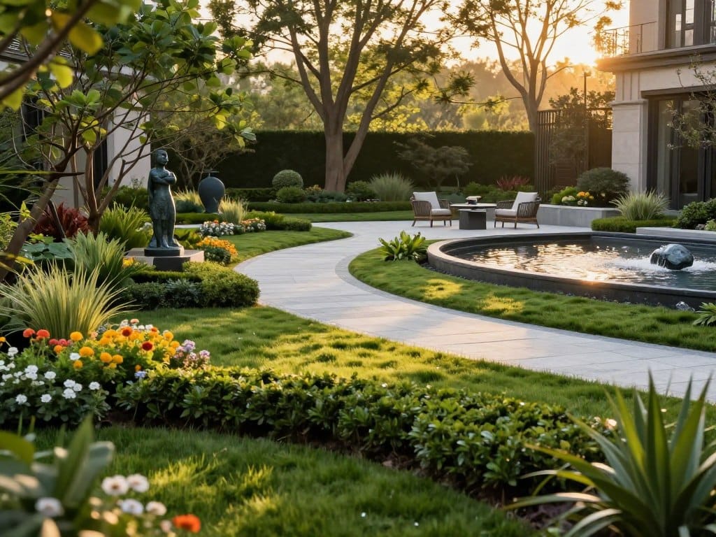 A beautifully designed residential landscape showcasing a harmonious blend of trends and timeless styles. In the foreground, lush green hedges outline a manicured lawn, adorned with seasonal flowering plants in vibrant colors. The middle ground features a modern stone pathway winding through the yard, flanked by elegant garden sculptures and a cozy seating area with stylish outdoor furniture. In the background, a serene water feature reflects soft sunlight, surrounded by mature trees that create a peaceful, shaded retreat. The image captures the golden hour light, casting warm hues and gentle shadows, evoking a tranquil and inviting atmosphere, as if beckoning one to relax in this outdoor oasis. The angle should be slightly elevated to encompass the entire landscape, emphasizing the beauty and cohesion of the design.