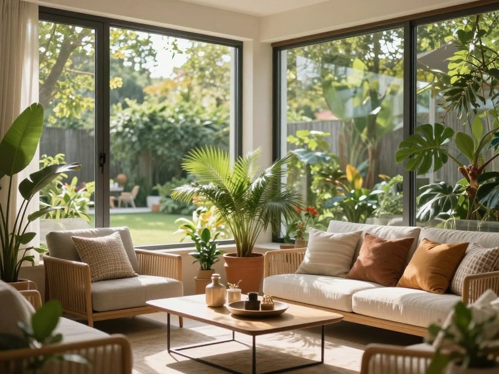 A beautifully designed sunroom featuring large floor-to-ceiling windows that allow natural light to flood the space, showcasing a comfortable seating area with cozy furniture and vibrant potted plants. In the foreground, a stylish coffee table adorned with decorative items creates an inviting atmosphere. The middle ground highlights a seamless transition from the indoors to a lush garden visible through the windows, with the greenery softly blurred to convey depth. In the background, sunlight filters through the leaves, casting gentle shadows across the room. The mood is serene and relaxed, evoking the essence of outdoor living in a cozy enclosed space. The scene is captured with a warm color palette, enhancing the welcoming ambiance, using a soft-focus lens to emphasize tranquility and comfort.