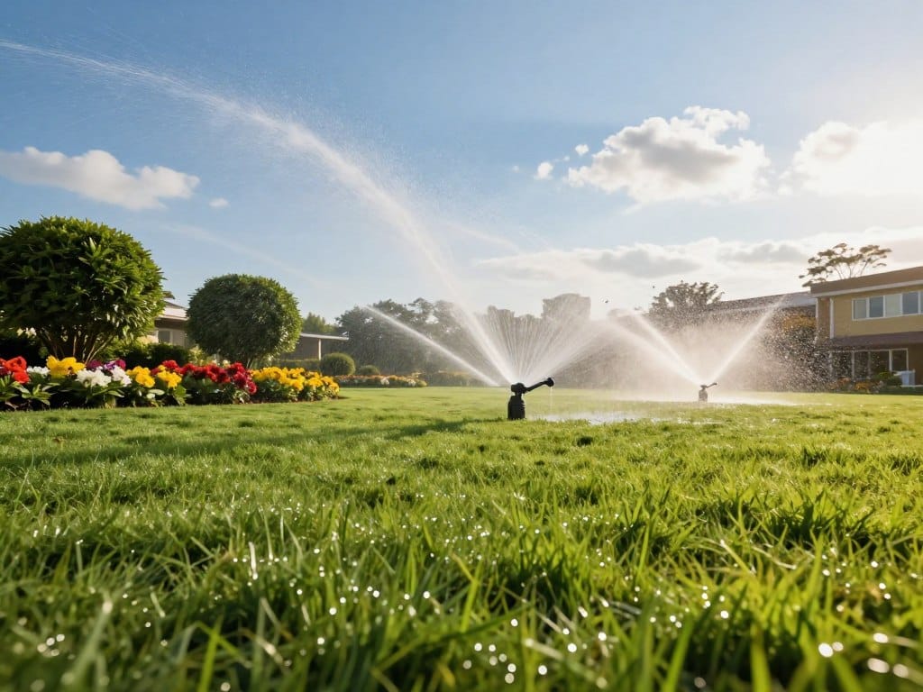 A beautifully landscaped commercial lawn featuring an effective irrigation system with sprinklers in action. In the foreground, vivid green grass glistens with water droplets, showcasing healthy turf. The middle ground presents a modern, automated sprinkler system multi-directionally spraying water, highlighting its efficiency. A few neatly trimmed bushes and colorful flower beds add vibrancy. In the background, a bright blue sky with wispy clouds illuminates the scene, creating an inviting atmosphere. Warm sunlight casts soft shadows, enhancing the depth of the landscape. The mood is professional yet serene, capturing the essence of meticulous lawn maintenance. The angle is slightly elevated, providing a comprehensive view of the irrigation setup and its surrounding beauty, emphasizing both function and aesthetics. A beautifully landscaped commercial lawn featuring an effective irrigation system with sprinklers in action. In the foreground, vivid green grass glistens with water droplets, showcasing healthy turf. The middle ground presents a modern, automated sprinkler system multi-directionally spraying water, highlighting its efficiency. A few neatly trimmed bushes and colorful flower beds add vibrancy. In the background, a bright blue sky with wispy clouds illuminates the scene, creating an inviting atmosphere. Warm sunlight casts soft shadows, enhancing the depth of the landscape. The mood is professional yet serene, capturing the essence of meticulous lawn maintenance. The angle is slightly elevated, providing a comprehensive view of the irrigation setup and its surrounding beauty, emphasizing both function and aesthetics.