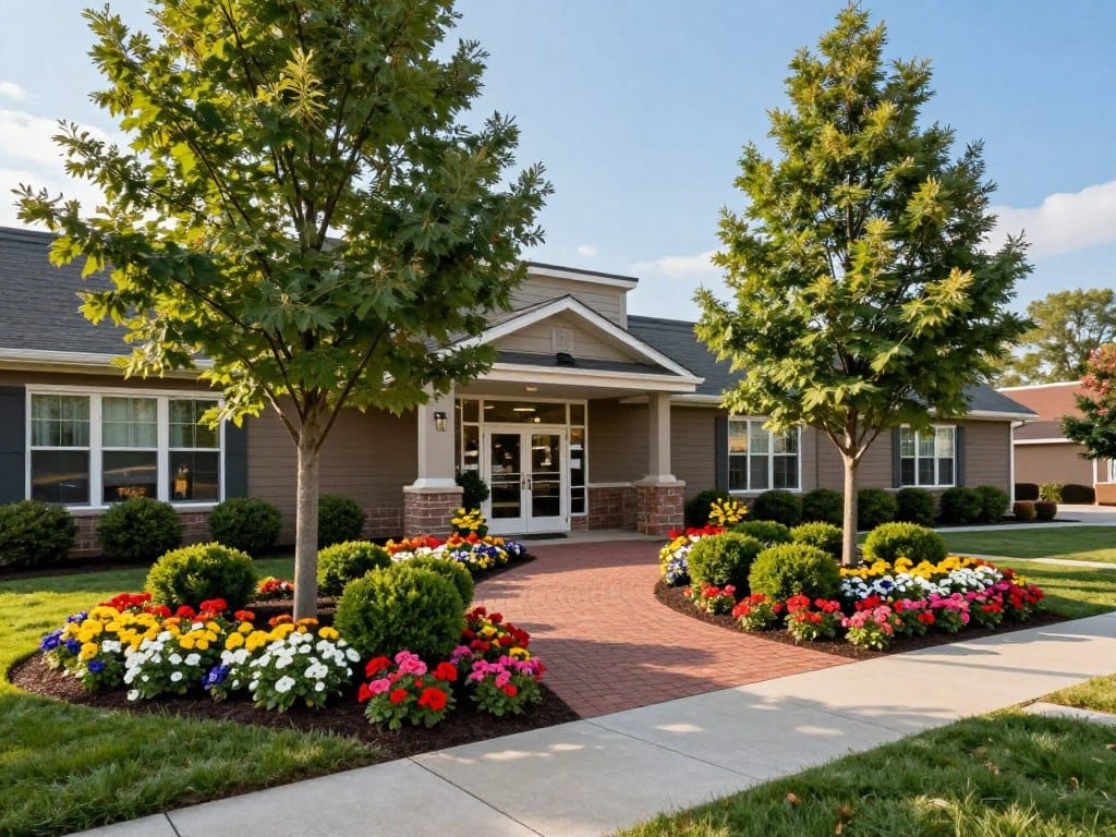 A beautifully landscaped commercial property in New Hampshire, showcasing vibrant flowers and neatly manicured shrubs enhancing curb appeal. In the foreground, a welcoming entrance features colorful flower beds and well-maintained walkways. The middle ground includes a charming brick pathway leading to the business entrance, flanked by strategically placed trees for shade. In the background, a clear blue sky complements the scene, with soft, warm sunlight casting gentle shadows on the ground. The atmosphere is inviting and professional, enticing customers to enter. The image captures a wide-angle view to emphasize the scale and attention to detail, ensuring the landscape reflects excellence in professional commercial landscape services. A beautifully landscaped commercial property in New Hampshire, showcasing vibrant flowers and neatly manicured shrubs enhancing curb appeal. In the foreground, a welcoming entrance features colorful flower beds and well-maintained walkways. The middle ground includes a charming brick pathway leading to the business entrance, flanked by strategically placed trees for shade. In the background, a clear blue sky complements the scene, with soft, warm sunlight casting gentle shadows on the ground. The atmosphere is inviting and professional, enticing customers to enter. The image captures a wide-angle view to emphasize the scale and attention to detail, ensuring the landscape reflects excellence in professional commercial landscape services.