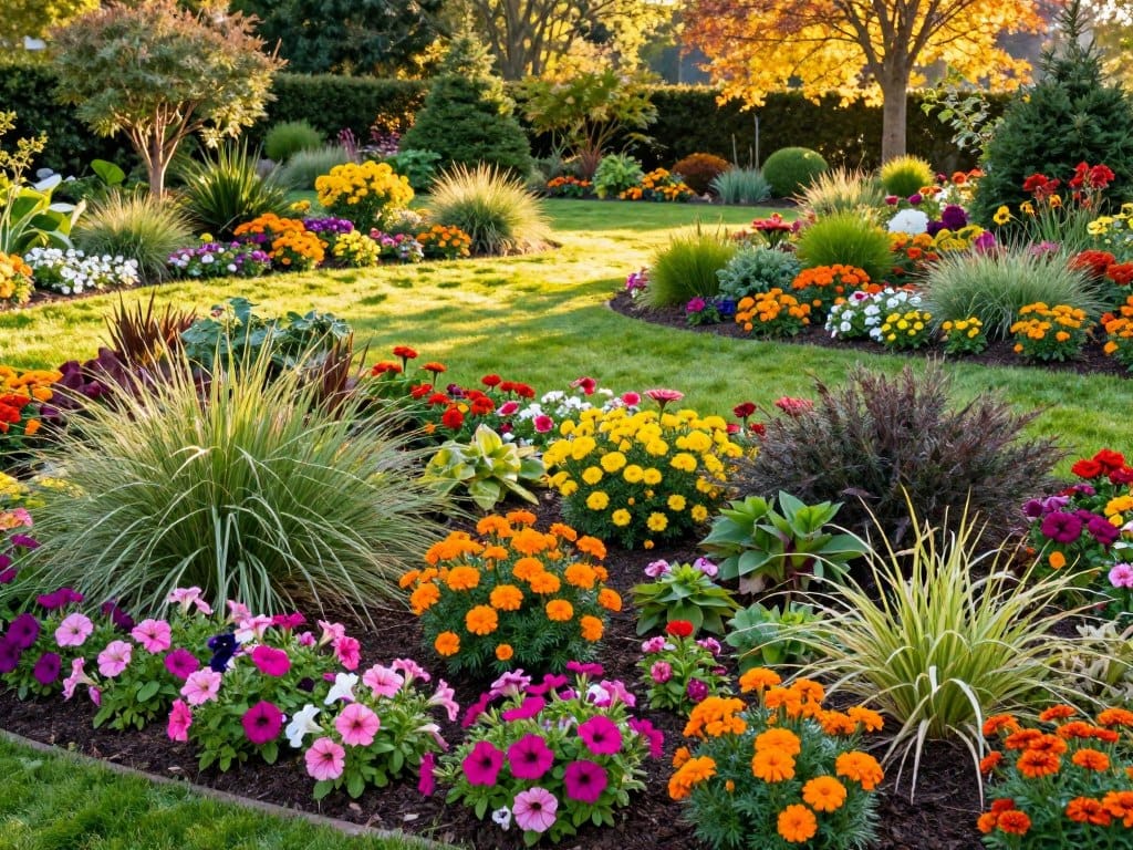 A beautifully landscaped garden showcasing a variety of seasonal plants in vibrant colors. In the foreground, vibrant annual flowers like petunias, marigolds, and zinnias exude their rich hues, interspersed with ornamental grasses. The middle ground features neatly arranged flower beds with a mix of perennials and seasonal shrubs, creating a lush texture. In the background, a well-maintained lawn stretches out, bordered by tasteful garden paths and a backdrop of trees displaying their autumn leaves. Natural sunlight filters through, casting a warm golden glow over the scene, enhancing the vivid colors and creating a cheerful atmosphere. Capture this composition using a wide-angle lens to emphasize depth and detail, evoking a sense of harmony and professional landscaping excellence. A beautifully landscaped garden showcasing a variety of seasonal plants in vibrant colors. In the foreground, vibrant annual flowers like petunias, marigolds, and zinnias exude their rich hues, interspersed with ornamental grasses. The middle ground features neatly arranged flower beds with a mix of perennials and seasonal shrubs, creating a lush texture. In the background, a well-maintained lawn stretches out, bordered by tasteful garden paths and a backdrop of trees displaying their autumn leaves. Natural sunlight filters through, casting a warm golden glow over the scene, enhancing the vivid colors and creating a cheerful atmosphere. Capture this composition using a wide-angle lens to emphasize depth and detail, evoking a sense of harmony and professional landscaping excellence.