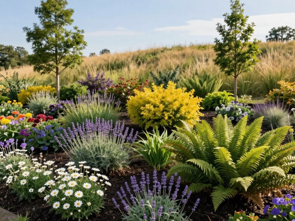 A beautifully landscaped outdoor space, showcasing a variety of strategically selected plants that create harmony and balance. In the foreground, colorful flowers like daisies and lavender are arranged thoughtfully, blending with lush green ferns. The middle ground features clusters of vibrant shrubs and small trees, carefully positioned to provide structure while not overwhelming the landscape. In the background, a gentle slope covered with native grasses undulates under a clear blue sky. Soft, natural sunlight casts gentle shadows, adding depth and warmth to the scene. The atmosphere is serene and inviting, emphasizing the importance of plant selection in enhancing outdoor spaces, portrayed from a slightly elevated angle to capture the landscape's full depth and variety.
