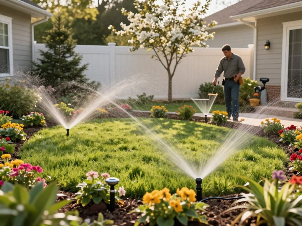 A beautifully landscaped residential backyard showcasing a variety of custom sprinkler solutions. In the foreground, a well-maintained green lawn is surrounded by colorful flower beds, with different types of sprinkler heads visibly integrated into the landscape, including pop-up and drip irrigation systems. The middle ground features a professional technician in modest casual attire, inspecting the setup, with tools in hand, surrounded by plant life. In the background, a white picket fence and blooming trees enhance the sense of a peaceful suburban setting. The scene is bathed in warm, natural sunlight during the golden hour, creating soft shadows and highlighting the vibrant colors of the plants. The mood is serene and orderly, embodying the idea of tailored irrigation solutions meeting unique property needs.