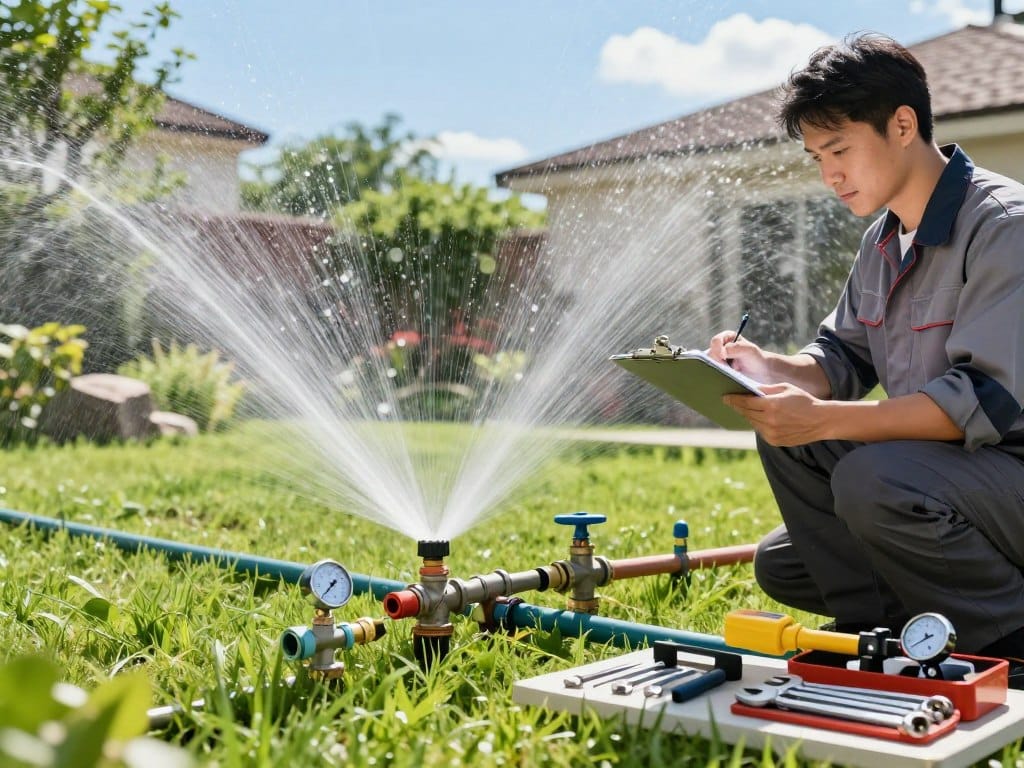 A comprehensive sprinkler system maintenance scene, showcasing a skilled technician in professional work attire, carefully inspecting a complex array of irrigation pipes and valves. In the foreground, the technician uses a clipboard to note the system's status, while nearby, well-maintained sprinkler heads peek through vibrant green grass. In the middle ground, various tools and maintenance equipment like wrenches and gauges are neatly organized on a service table. The background reveals a lush residential garden under bright daylight, accentuated by the gentle sparkle of mist from a running sprinkler. The ambient atmosphere is one of professionalism and reliability, with a clear blue sky above, enhancing the sense of a well-cared-for outdoor space. Use a standard lens with vibrant colors and balanced lighting to emphasize the care taken in maintaining irrigation systems.