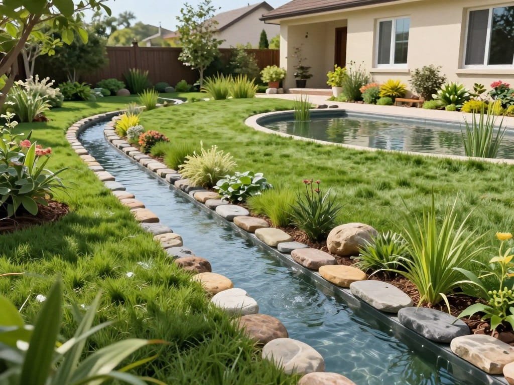 A detailed illustration of a modern yard drainage system in a lush suburban landscape. In the foreground, showcase a well-designed drainage channel lined with smooth stones, effectively directing water away. Include small plants and ornamental grasses alongside, emphasizing the integration of landscaping with the drainage solution. In the middle ground, depict a gently sloping yard with a small pond, complemented by native plants and flowers, illustrating water retention and aesthetic appeal. The background features a serene house with a vibrant garden under clear blue skies, creating a peaceful and inviting atmosphere. Use soft natural lighting to highlight the greenery and water features, capturing the essence of a well-planned drainage system in landscaping. The angle should be slightly elevated, providing a comprehensive view of the drainage pathways and landscaped elements.