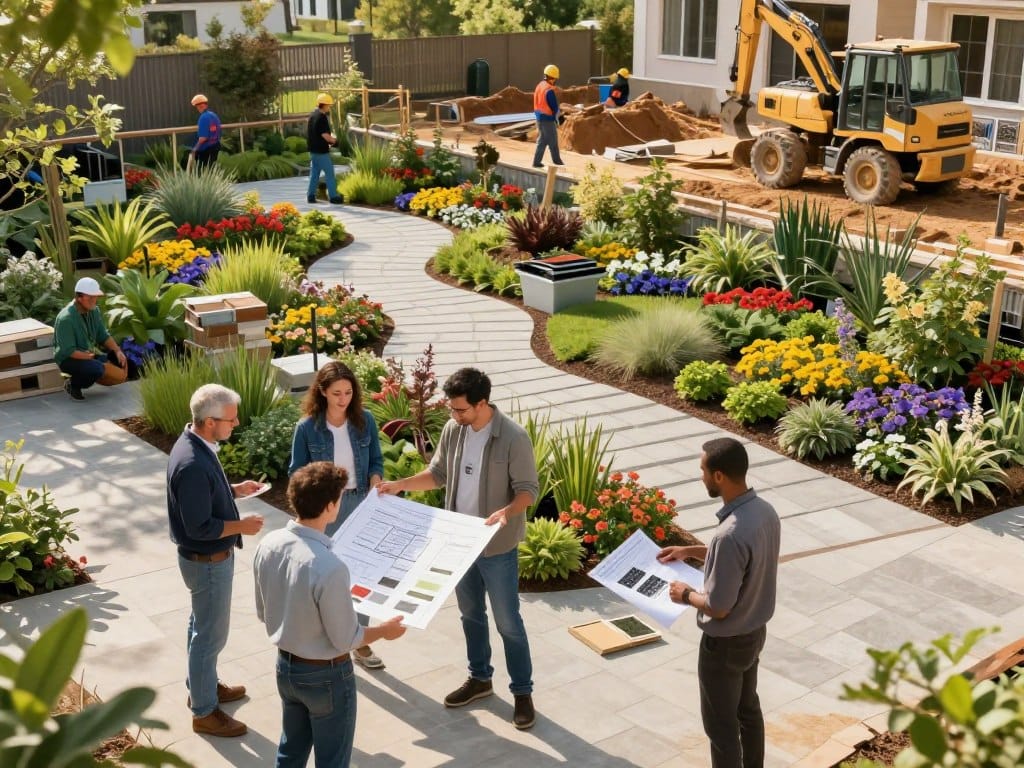 A detailed illustration of the design build installation process for residential landscaping. In the foreground, a diverse team of landscape architects and technicians, dressed in professional attire, collaborate over blueprints while examining samples of plants and materials. In the middle ground, a beautifully landscaped garden takes shape, showcasing vibrant flowers, native plants, and decorative stone pathways. In the background, construction equipment and workers prepare the site, emphasizing the installation aspect. The scene is bathed in warm, natural sunlight, casting gentle shadows and creating an inviting atmosphere. The image features a wide-angle perspective to capture the dynamic interaction between the team and their progressing landscape project, emphasizing creativity, teamwork, and the transformation of outdoor spaces.