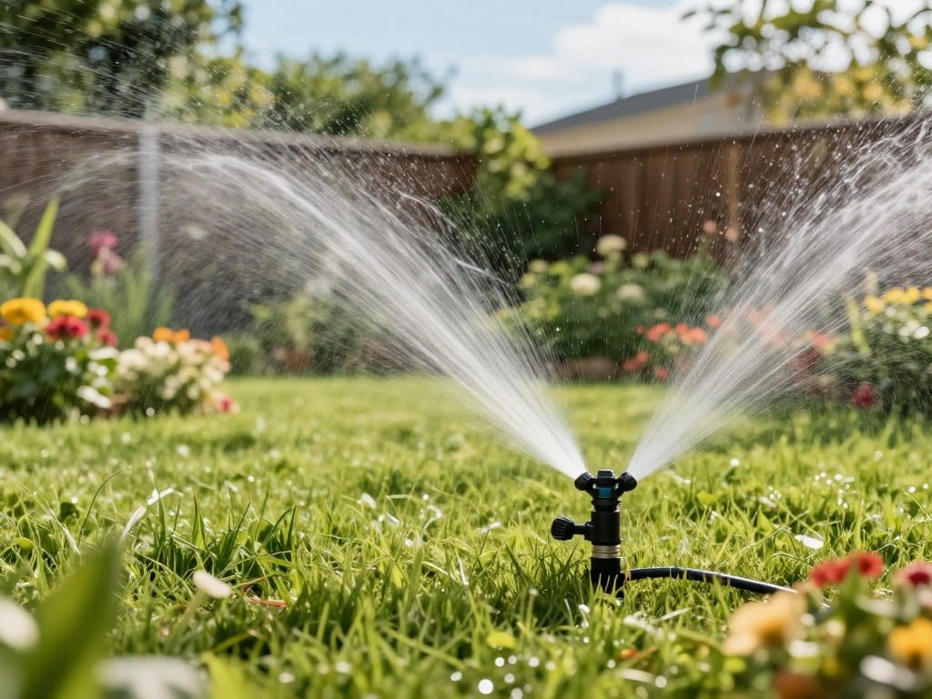 A detailed image of a professional sprinkler system installed in a lush, green garden. In the foreground, focus on the intricate design of an automated sprinkler head, fine mist rising from it, catching the sunlight. The middle ground showcases a well-maintained lawn and a variety of vibrant flowering plants, with the sprinkler system visibly distributing water evenly across the area. In the background, there’s a neat fence and some trees providing a sense of depth and tranquility. The scene is bathed in warm, natural daylight, with clear blue skies, creating a peaceful and nurturing atmosphere. This illustration conveys the efficiency and reliability of professional irrigation solutions, emphasizing the importance of well-implemented systems in home gardens.