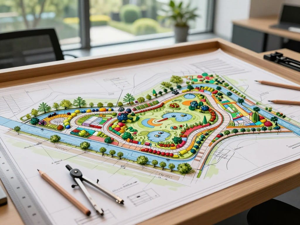 A detailed landscape design plan displayed on a large drafting table in a professional office setting. In the foreground, various tools like a ruler, compass, and colored pencils are arranged neatly. The middle layer features a vibrant, comprehensive landscape plan showcasing structured plant layouts, walkways, water features, and diverse plant species with color-coded areas for different design elements. The background reveals a large window with natural light streaming in, illuminating green trees and shrubs outside, enhancing the connection to nature. The atmosphere is one of creativity and professionalism, with warm lighting emphasizing the intricate details of the plan. The composition should be captured at a slight angle to showcase depth and perspective, providing a clear view of the landscape design work.