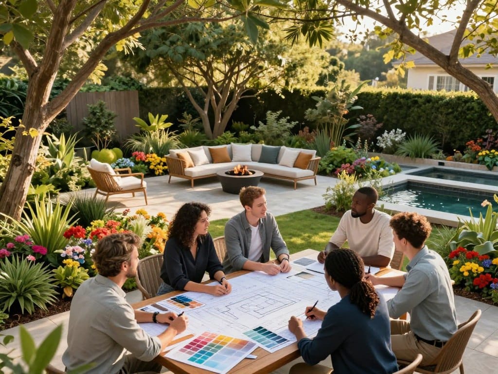 A diverse team of landscape designers and architects, dressed in smart casual clothing, collaborating in a vibrant backyard oasis. In the foreground, a wooden table covered with blueprints, color palettes, and mood boards. The middle ground features a lush garden with various plants, a beautiful stone patio, and a cozy fire pit surrounded by comfortable seating. In the background, tall trees and a tranquil water feature reflect the dappled sunlight filtering through the branches, creating a serene atmosphere. The scene is illuminated by warm, late afternoon sunlight, casting soft shadows and enhancing the colors of the flowers and greenery. The overall mood is inspiring and collaborative, capturing the essence of transforming a backyard into a relaxing retreat.