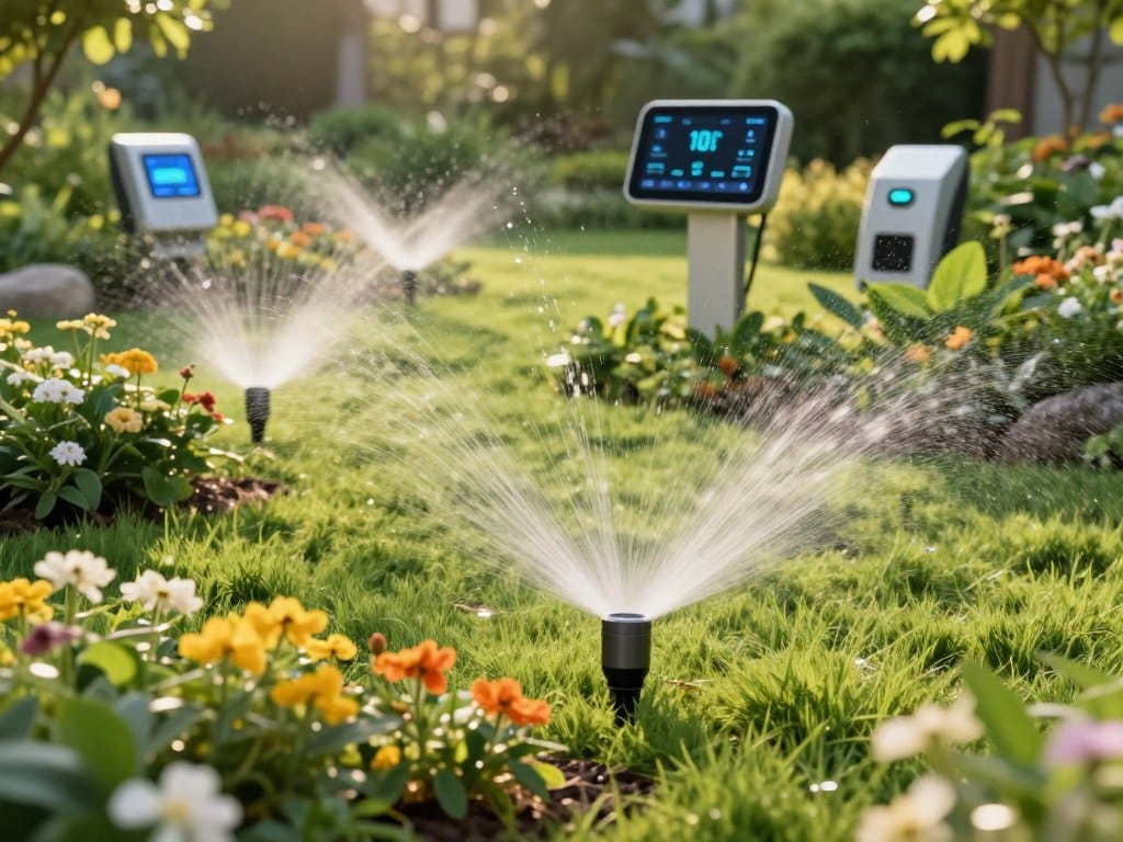 A futuristic garden scene showcasing innovative sprinkler technology integrated into a lush, green lawn. In the foreground, sleek, high-efficiency sprinkler heads are positioned creatively among vibrant flower beds, emitting fine mist and droplets that catch the sunlight beautifully. The middle ground features an automated control panel displaying advanced settings, with LED indicators glowing softly. The background is dotted with smart irrigation controllers, seamlessly blending into the landscape. The lighting is bright and warm, suggesting a sunny day, while a shallow depth of field keeps the focus on the sprinklers. The overall atmosphere is one of modern efficiency and sustainability, embodying the harmony between technology and nature. The image should appear sophisticated, inviting, and inspiring.