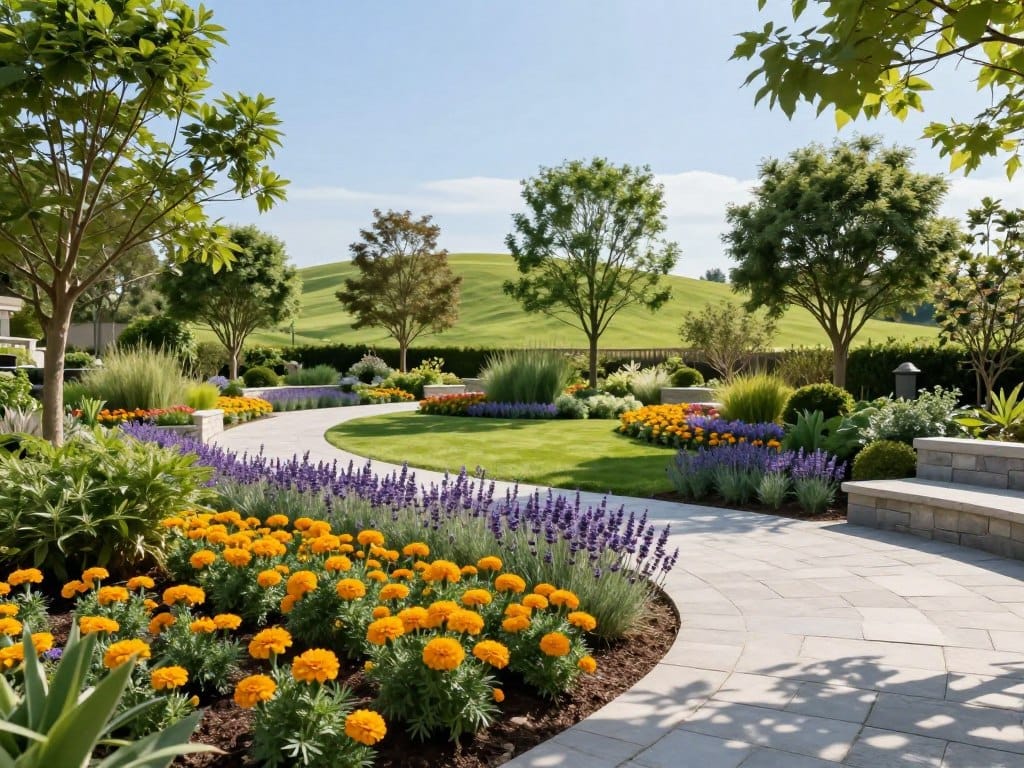 A lush, functional landscape plan presented in a professional layout. In the foreground, a beautifully arranged flower bed with vibrant marigolds and lavender, bordered by clean stone pathways. The middle features an organized layout of native trees and shrubs, strategically placed to provide shade and privacy while enhancing the natural beauty. In the background, a soft rolling hill with a clear blue sky and bright sunlight illuminating the scene, creating a pleasant and inviting atmosphere. The perspective is slightly elevated to capture the design’s flow and coherence, highlighting the integration of hardscapes like patios and walkways. Soft shadows from the trees add depth, creating a serene and tranquil environment that embodies the principles of functional and aesthetically pleasing landscape design.