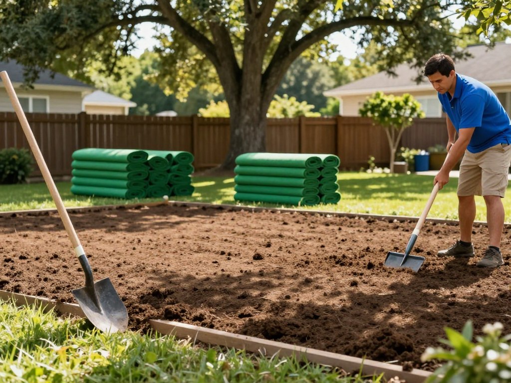 A lush, green suburban yard in preparation for sod installation. In the foreground, a neatly raked patch of soil, with a shovel and rake leaning against a garden edging. A homeowner, wearing a blue polo shirt and khaki shorts, is carefully leveling the soil, showcasing a focused expression. In the middle ground, stacks of vibrant green sod rolls are neatly arranged, hinting at the imminent transformation. Tall oak trees and a wooden fence create a serene background with dappled sunlight filtering through the leaves, casting gentle shadows on the ground. The image has bright, natural lighting, with a shallow depth of field to emphasize the preparation work while softening the background, evoking a mood of anticipation and professionalism in yard care.