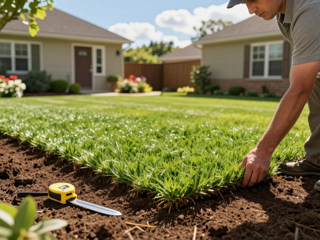 A picturesque backyard scene showcasing practical sod installation tips. In the foreground, a landscape professional in modest casual clothing carefully lays down vibrant green sod pieces on freshly prepared soil, demonstrating precision and technique. Tools like a measuring tape and knife are neatly arranged nearby. The middle ground features a beautifully manicured lawn, with a visible outline where the sod is being placed, and patches of bare soil awaiting installation. In the background, a charming house with flower beds complements the landscape, under a bright blue sky with soft, fluffy clouds. The sunlight casts warm, inviting shadows across the scene, creating a tranquil and productive atmosphere, focusing on the transformative process of lawn care.