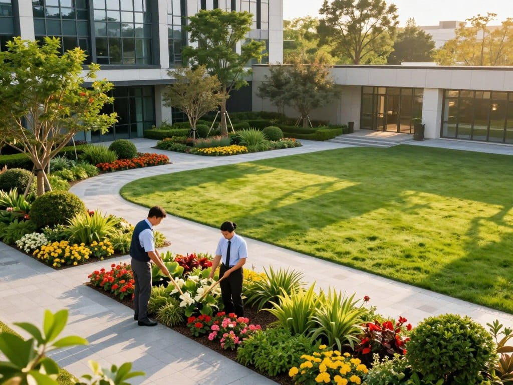 A picturesque overview of commercial landscaping services, featuring a well-maintained corporate property. In the foreground, a group of two professional landscapers in business attire, tending to vibrant flower beds and lush greenery. The middle section highlights neatly manicured lawns and decorative stone paths leading to a modern office building. In the background, tall trees and shrubs create a natural shield, blending seamlessly with the architecture. The scene is illuminated by warm, golden sunlight, casting soft shadows that enhance the textures of the plants and surfaces. Capture this landscape from a slightly elevated angle, providing a comprehensive view of the property, while evoking a sense of professionalism and serenity. The overall mood is inviting and showcases the beauty and functionality of commercial landscape services. A picturesque overview of commercial landscaping services, featuring a well-maintained corporate property. In the foreground, a group of two professional landscapers in business attire, tending to vibrant flower beds and lush greenery. The middle section highlights neatly manicured lawns and decorative stone paths leading to a modern office building. In the background, tall trees and shrubs create a natural shield, blending seamlessly with the architecture. The scene is illuminated by warm, golden sunlight, casting soft shadows that enhance the textures of the plants and surfaces. Capture this landscape from a slightly elevated angle, providing a comprehensive view of the property, while evoking a sense of professionalism and serenity. The overall mood is inviting and showcases the beauty and functionality of commercial landscape services.