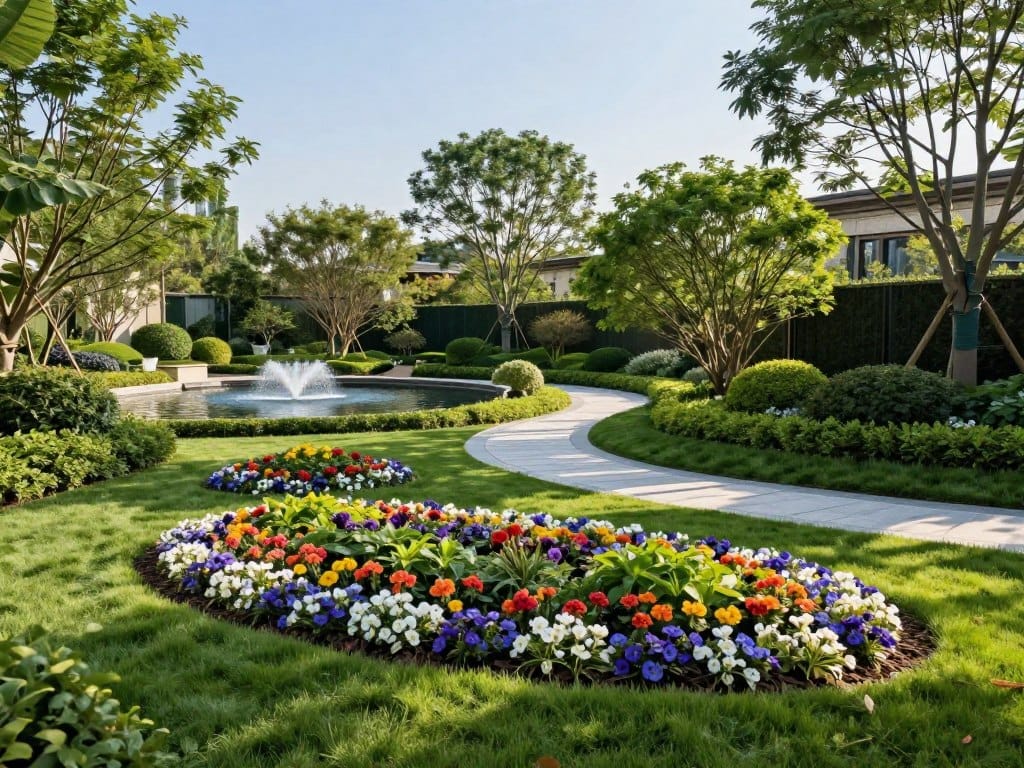 A picturesque professional landscape design showcasing a serene garden layout. In the foreground, an elegantly manicured lawn with colorful flower beds in geometric patterns, reflecting careful planning and organization. The middle ground features a winding stone pathway bordered by lush shrubs and small trees, creating a sense of depth and inviting exploration. In the background, a graceful water feature, such as a pond with gentle fountains, surrounded by mature trees under a clear blue sky. Soft, natural sunlight illuminates the scene, casting delicate shadows and enhancing the vibrant colors. The atmosphere is tranquil and harmonious, illustrating the principles of landscape design through thoughtful arrangement and balance.