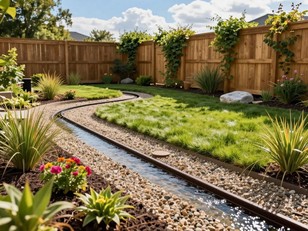 A practical yard showcasing effective drainage solutions designed to enhance landscaping. In the foreground, a well-maintained gravel trench drain collects rainwater, bordered by vibrant flowering plants and ornamental grasses. In the middle, a gently sloping yard features strategically placed French drains and rain gardens, with lush green grass and decorative stones, providing visual interest. The background displays a wooden fence covered with climbing vines, under a bright blue sky with soft white clouds. The scene is illuminated by warm, natural sunlight, highlighting the beauty of the landscape while conveying a sense of tranquility. The composition suggests organization and functionality, reflecting the theme of practical yard drainage solutions.