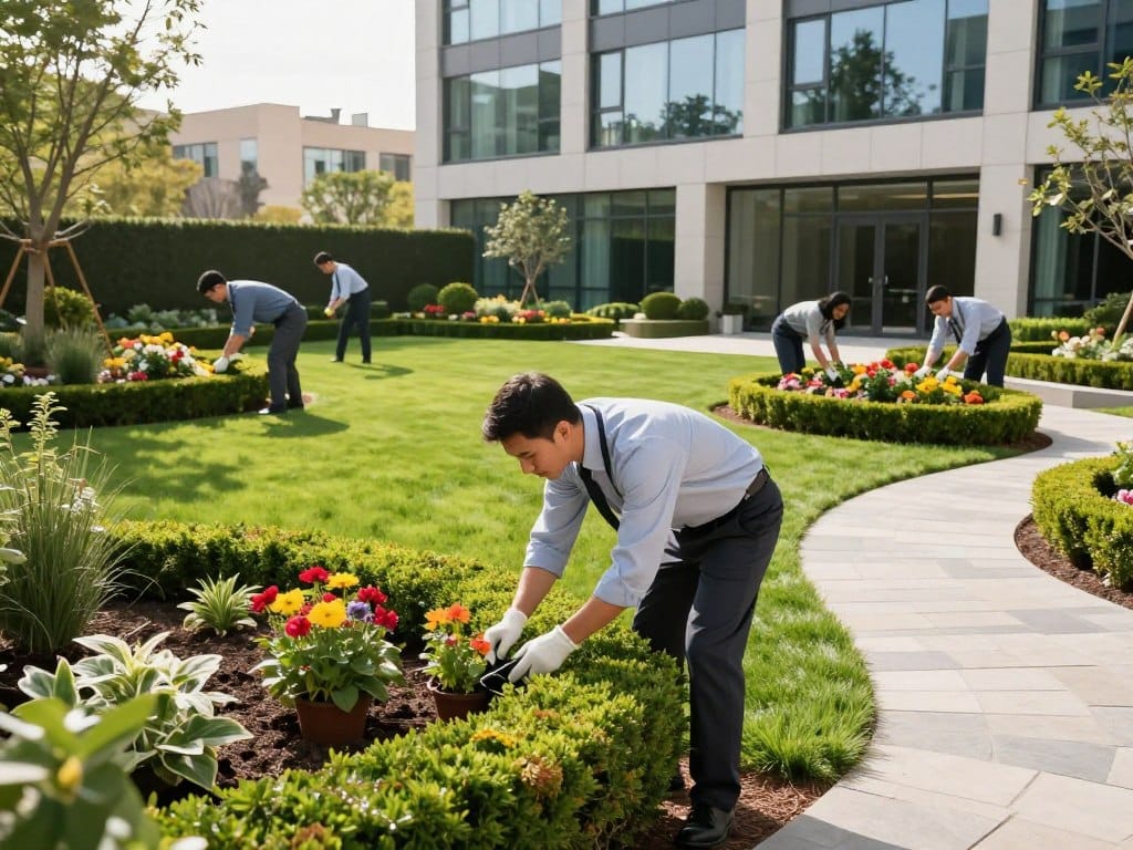 A professional landscape maintenance scene featuring a diverse team of landscape technicians dressed in smart business attire working meticulously on a well-manicured commercial property. In the foreground, one technician is trimming hedges with precision, while another plants vibrant flowers. The middle ground showcases lush green lawns, neatly arranged flower beds, and modern hardscapes with elegant stone pathways. The background includes a contemporary office building with large windows reflecting the sunlight. Bright, natural daylight illuminates the scene, creating a warm and inviting atmosphere. The image captures a sense of professionalism, teamwork, and dedication to enhancing the property’s aesthetic appeal. The angle is slightly elevated, providing a broad view of the well-maintained landscape. A professional landscape maintenance scene featuring a diverse team of landscape technicians dressed in smart business attire working meticulously on a well-manicured commercial property. In the foreground, one technician is trimming hedges with precision, while another plants vibrant flowers. The middle ground showcases lush green lawns, neatly arranged flower beds, and modern hardscapes with elegant stone pathways. The background includes a contemporary office building with large windows reflecting the sunlight. Bright, natural daylight illuminates the scene, creating a warm and inviting atmosphere. The image captures a sense of professionalism, teamwork, and dedication to enhancing the property’s aesthetic appeal. The angle is slightly elevated, providing a broad view of the well-maintained landscape.
