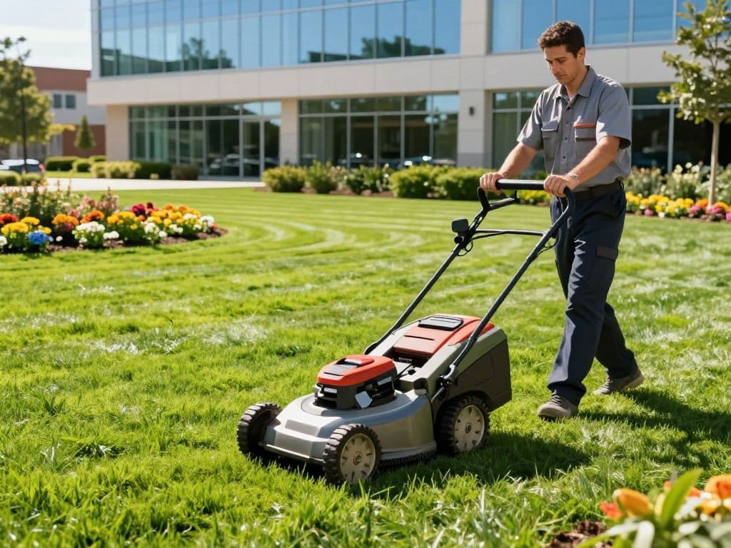 A professional landscape technician in a smart uniform carefully trims vibrant green grass on a spacious commercial lawn, showcasing the meticulous attention to detail in lawn care. In the foreground, the technician uses a state-of-the-art mower, its shiny blades glistening in the bright sunlight. The middle ground features well-manicured lawns with neatly edged flower beds bursting with colorful blooms, illustrating the transformation of commercial properties. In the background, a modern office building with large glass windows reflects the clear blue sky, emphasizing the importance of curb appeal in business. The scene is bathed in warm, natural light, evoking a sense of professionalism and care. The angle captures the technician engaged in their work, highlighting the expertise required in commercial lawn maintenance while conveying an atmosphere of dedication and pride in cleanliness. A professional landscape technician in a smart uniform carefully trims vibrant green grass on a spacious commercial lawn, showcasing the meticulous attention to detail in lawn care. In the foreground, the technician uses a state-of-the-art mower, its shiny blades glistening in the bright sunlight. The middle ground features well-manicured lawns with neatly edged flower beds bursting with colorful blooms, illustrating the transformation of commercial properties. In the background, a modern office building with large glass windows reflects the clear blue sky, emphasizing the importance of curb appeal in business. The scene is bathed in warm, natural light, evoking a sense of professionalism and care. The angle captures the technician engaged in their work, highlighting the expertise required in commercial lawn maintenance while conveying an atmosphere of dedication and pride in cleanliness.