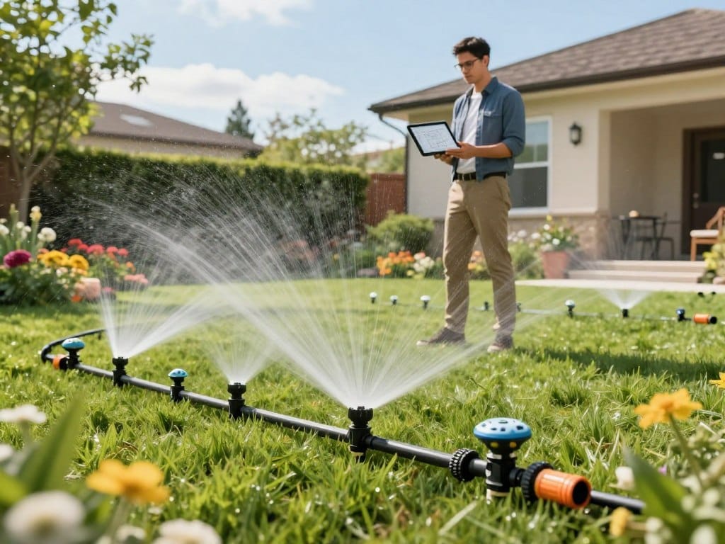 A professional sprinkler system designer stands confidently in a lush, green backyard, surrounded by vibrant flowers and neatly trimmed grass. The foreground features close-up views of intricate sprinkler heads and piping components, showcasing detailed design work. In the middle ground, the designer examines a digital tablet displaying a sprinkler layout plan, dressed in smart casual attire. The background includes a modern home with visible sprinkler heads integrated into the landscape, under a clear blue sky. Soft sunlight bathes the scene, creating a bright, inviting atmosphere that conveys expertise and reliability. The angle is slightly elevated, providing a comprehensive view of the sprinkler system's design in action while emphasizing the care taken in maintaining the outdoor space.