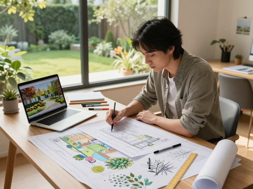 A serene and creative workspace showcasing the planning and design process for residential landscape design. In the foreground, a detailed desk filled with colorful blueprints, plant sketches, and design tools like rulers and markers. A laptop displays a vibrant outdoor rendering. In the middle, a professional landscape designer in modest casual clothing thoughtfully examines the plans, with tools scattered around, evoking a sense of focused creativity. The background features large windows flooding the space with warm natural light, revealing a lush garden that reflects the designer's vision. The atmosphere is calm and inspiring, emphasizing collaboration and innovation in landscape architecture. The composition utilizes a slightly elevated angle to capture both the workspace and the outdoor view harmoniously.