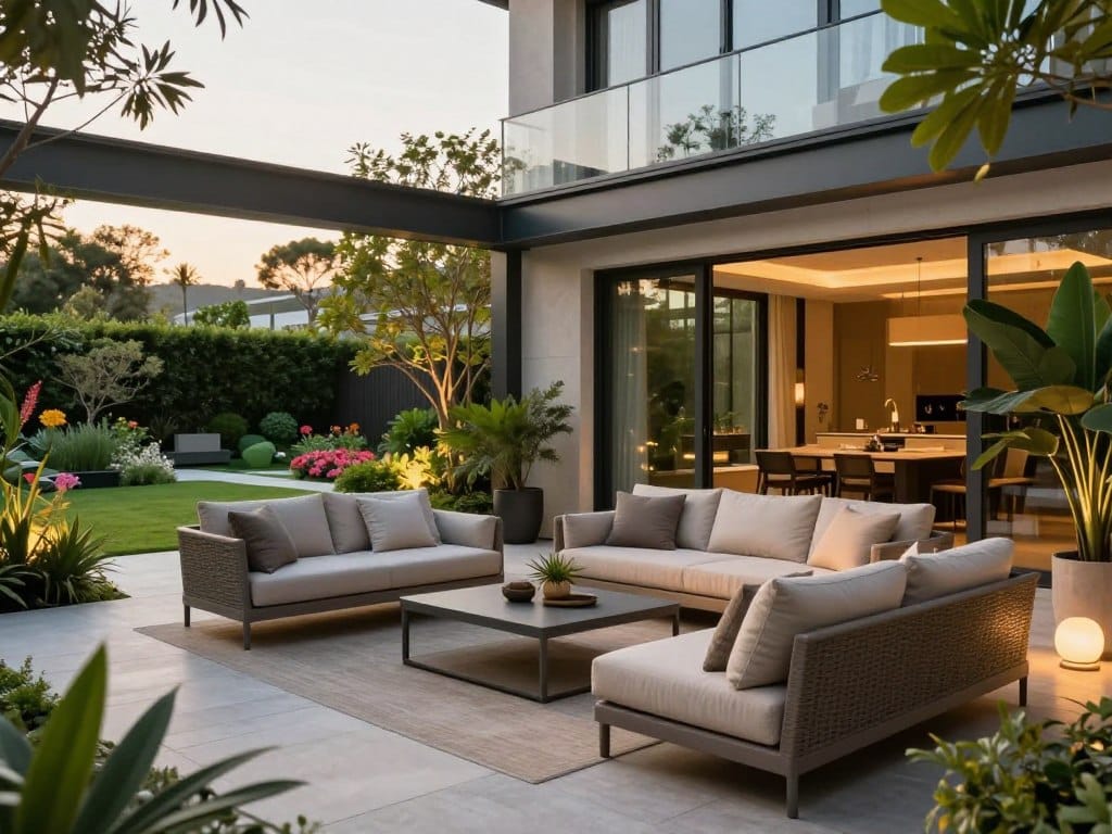 A serene and innovative enclosed outdoor living space, showcasing modern layouts and design elements. In the foreground, a stylish seating area features comfortable, adjustable outdoor furniture with neutral tones and plush cushions. The middle section displays glass walls that allow natural light to flood in, adorned with lush greenery and decorative plants, creating a harmonious connection with nature. In the background, a tranquil garden with vibrant flowers and soft lighting enhances the atmosphere. The scene is captured during the golden hour, casting a warm, inviting glow and soft shadows. Use a wide-angle lens to emphasize the spaciousness and elegance of the space, evoking a peaceful and rejuvenating ambiance that invites relaxation and socialization.