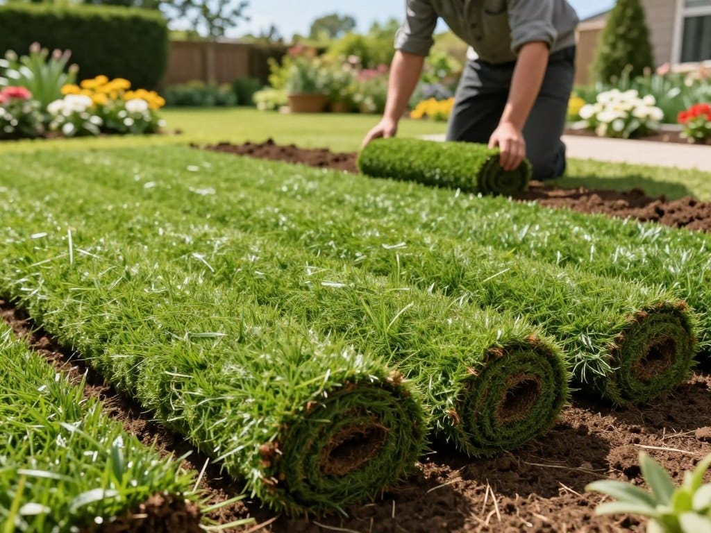 A serene garden scene depicting the definition and basics of grass sod installation. In the foreground, freshly laid rolls of rich green sod are arranged on the ground with visible soil beneath, showcasing the texture and layering involved in the process. In the middle ground, a knowledgeable landscaper in professional attire demonstrates the correct installation technique, carefully aligning the edges of the sod. The background features a vibrant, sunny yard with well-maintained flower beds and a clear blue sky, creating an inviting atmosphere. Soft, natural lighting illuminates the scene, highlighting the lush colors and details of the sod, while a wide-angle lens captures the entirety of the peaceful garden setting, emphasizing the beautiful and organized layout.