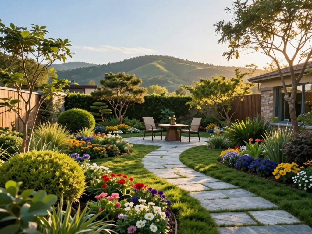 A serene outdoor landscape showcasing a beautifully designed residential garden, with vibrant flowers and lush green shrubs artfully arranged in the foreground. In the middle, a tranquil stone path winds through the garden, leading to a cozy seating area with elegant garden furniture surrounded by ornamental trees. The background features a soft, rolling hillside under a clear blue sky. The scene is illuminated by the warm, golden light of late afternoon, creating a welcoming and inspirational atmosphere. The composition is viewed from a slightly elevated angle, capturing the depth and harmony of the outdoor space, inviting the viewer to envision their own outdoor sanctuary. The mood is peaceful and contemplative, perfect for defining one’s outdoor vision.