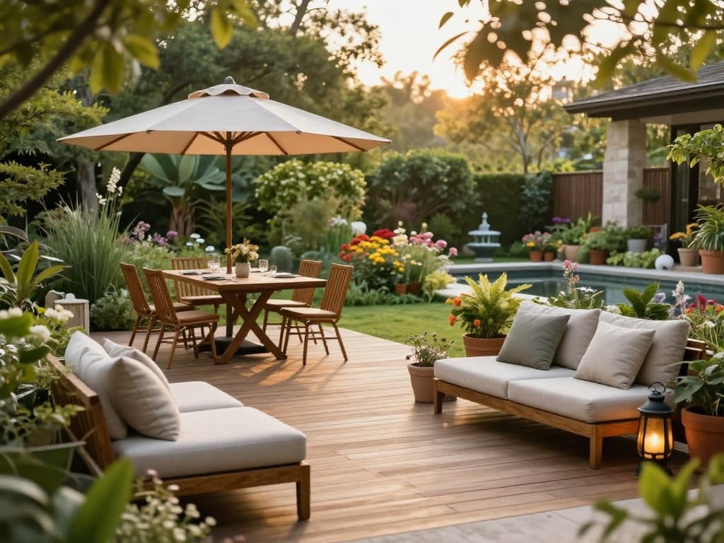 A serene outdoor living space set in a lush garden, featuring an elegant wooden deck with comfortable seating arrangements. In the foreground, a stylish patio set with plush cushions invites relaxation, complemented by potted plants and small lanterns for ambiance. In the middle ground, a charming outdoor dining area with a rustic table and mismatched chairs is shaded by a large umbrella, perfect for al fresco meals. In the background, a vibrant array of flowers, tall trees, and a gentle water feature add a natural touch. The scene is illuminated by warm, golden afternoon sunlight, creating a cozy atmosphere. Capture the composition with a focus on depth and layers, using a slight tilt-shift lens effect to enhance intimacy in the space, evoking inspiration and tranquility for outdoor living.