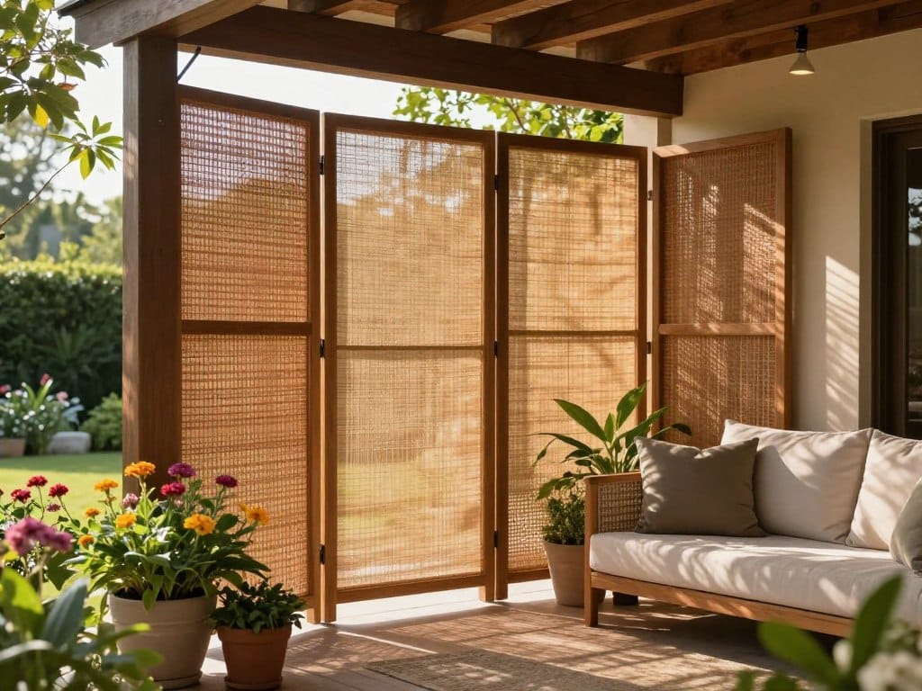 A serene outdoor porch scene showcasing elegant privacy screens made of natural wood and woven fabric, featuring intricate patterns that create a cozy atmosphere. In the foreground, lush potted plants with vibrant flowers add color and life, while a stylish outdoor sofa with plush pillows invites relaxation. In the middle, the privacy screens gently filter sunlight, casting dappled shadows on the porch floor, enhancing the feeling of seclusion. In the background, a tranquil garden with green foliage and soft sunlight peeking through provides a peaceful setting. The lighting is warm and inviting, creating a calm and comfortable ambiance. The angle captures the inviting layout, emphasizing the harmony between privacy and openness.