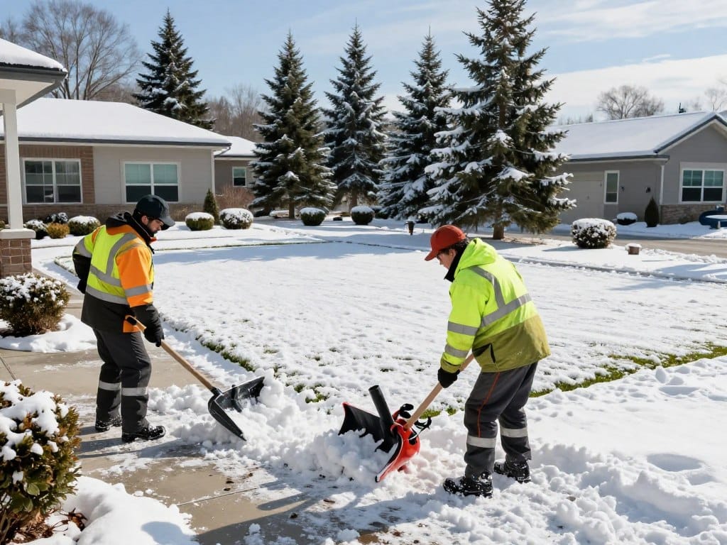 A snowy landscape featuring a professional snow removal team actively clearing a commercial property. In the foreground, two workers in bright winter jackets and safety gear using snow shovels and a snowblower to remove snow from a sidewalk and entrance. In the middle ground, well-maintained turf is visible, contrasting with the white snow, showcasing the turf management aspect. In the background, a neatly landscaped area with evergreen trees and snow-dusted shrubs adds depth. A clear blue sky above captures the crispness of the winter day, with sunlight creating soft shadows. The mood is industrious and professional, reflecting an efficient approach to seasonal property maintenance. The perspective is slightly elevated to provide a comprehensive view of the scene. A snowy landscape featuring a professional snow removal team actively clearing a commercial property. In the foreground, two workers in bright winter jackets and safety gear using snow shovels and a snowblower to remove snow from a sidewalk and entrance. In the middle ground, well-maintained turf is visible, contrasting with the white snow, showcasing the turf management aspect. In the background, a neatly landscaped area with evergreen trees and snow-dusted shrubs adds depth. A clear blue sky above captures the crispness of the winter day, with sunlight creating soft shadows. The mood is industrious and professional, reflecting an efficient approach to seasonal property maintenance. The perspective is slightly elevated to provide a comprehensive view of the scene.