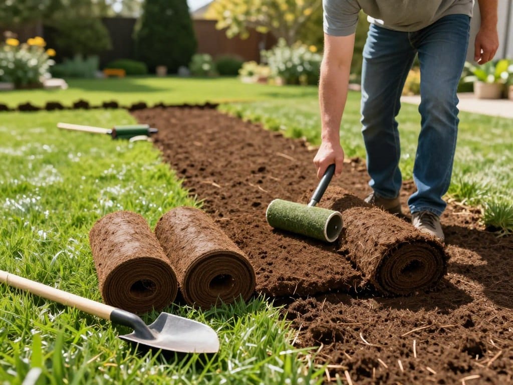 A step-by-step process illustration of grass sod installation, featuring a sequence of clear actions. In the foreground, a neatly prepared yard with fresh grass sod rolls and gardening tools such as a shovel and a roller. In the middle, a professional in modest casual clothing demonstrating the proper technique of laying sod, ensuring it aligns perfectly with adjacent pieces. The background showcases a sunny day with a well-maintained garden, soft sunlight casting gentle shadows, and trees offering a sense of depth. The atmosphere feels instructional and inviting, emphasizing the beauty of a freshly sodded lawn. The image captures a clear, close-up perspective to highlight details of the sod texture and the care involved in the installation process.