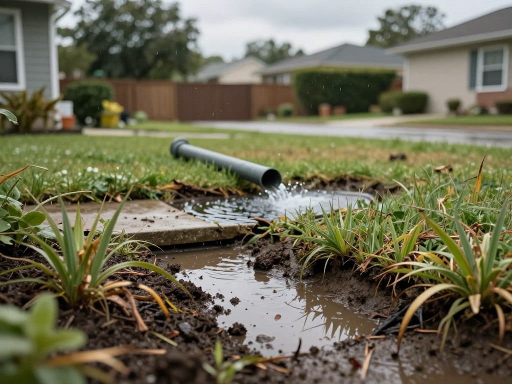 A suburban yard showcasing common drainage problems, such as puddles forming in low areas and patches of soggy grass. In the foreground, highlight a patch of standing water near landscaping beds, surrounded by wilted plants. In the middle, include a slightly tilted downspout emptying water onto the lawn, exacerbating the issue. Add uneven ground with clumps of mud indicating poor drainage. In the background, depict a fence and trees, with a cloudy sky suggesting an impending rainfall to enhance the atmosphere of concern. Use natural lighting to accentuate details, employing a shallow depth of field to draw focus on the drainage issues while softly blurring the background elements, creating a somber yet informative mood.