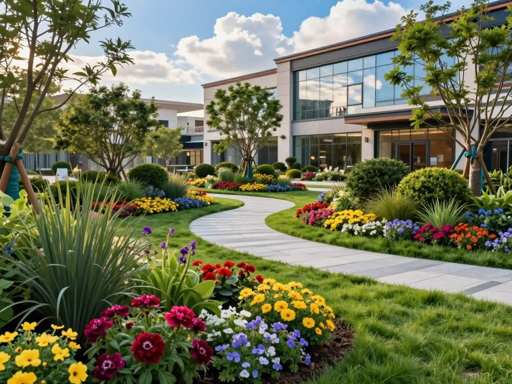 A vibrant commercial landscape design installation scene, showcasing a beautifully arranged outdoor space. In the foreground, colorful flower beds featuring a mix of perennials and annuals burst with color, while neatly trimmed grass carpets the area. The middle ground features a well-designed stone pathway meandering through lush greenery, flanked by ornamental shrubs and decorative trees. In the background, a modern commercial building gleams in natural light, reflecting a bright blue sky with fluffy white clouds. The atmosphere is inviting and tranquil, expertly blending natural elements with architectural sophistication. Capture this scene from a slightly elevated angle, emphasizing depth and providing a sense of expansiveness. Use soft, warm lighting to create a cheerful ambiance, highlighting the intricate details of the plants and landscaping. A vibrant commercial landscape design installation scene, showcasing a beautifully arranged outdoor space. In the foreground, colorful flower beds featuring a mix of perennials and annuals burst with color, while neatly trimmed grass carpets the area. The middle ground features a well-designed stone pathway meandering through lush greenery, flanked by ornamental shrubs and decorative trees. In the background, a modern commercial building gleams in natural light, reflecting a bright blue sky with fluffy white clouds. The atmosphere is inviting and tranquil, expertly blending natural elements with architectural sophistication. Capture this scene from a slightly elevated angle, emphasizing depth and providing a sense of expansiveness. Use soft, warm lighting to create a cheerful ambiance, highlighting the intricate details of the plants and landscaping.