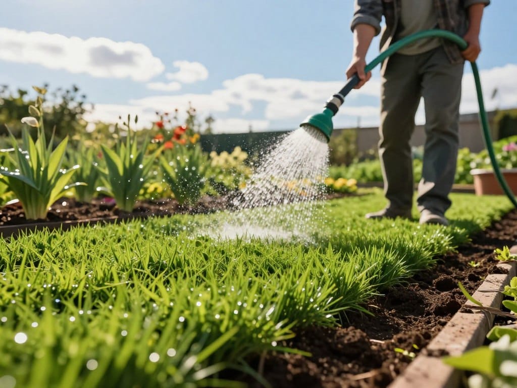 A vibrant garden scene with a fresh layer of lush, green sod in the foreground, depicting a gardener in modest casual clothing gently watering the turf with a hose. The middle ground features well-maintained flower beds and young grass, with soft droplets glistening in the sunlight. In the background, a clear blue sky with a few fluffy clouds creates a serene atmosphere. The lighting is bright and warm, suggesting late afternoon. Use a shallow depth of field to focus on the gardener and the vibrant grass, enhancing the textures of the soil and blades of grass. The mood is nurturing and peaceful, emphasizing the care and attention required for early turf maintenance.