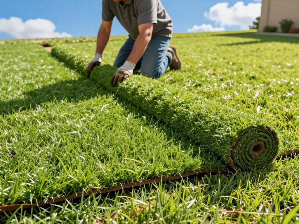 A vibrant, grassy yard with freshly laid sod in the foreground, showcasing individual rolls of lush, green grass being expertly placed. In the middle ground, a professional landscaper in modest casual clothing kneels, carefully aligning the sod pieces for a seamless look, with focused determination. Their gloves are dirt-stained, emphasizing the hard work involved in the installation process. In the background, a bright blue sky with a few fluffy clouds enhances the cheerful atmosphere, illuminating the scene with warm sunlight that casts soft shadows on the ground. The angle is slightly elevated, capturing the depth of the yard and the beauty of the new sod, conveying a sense of transformation and care for the outdoor space.