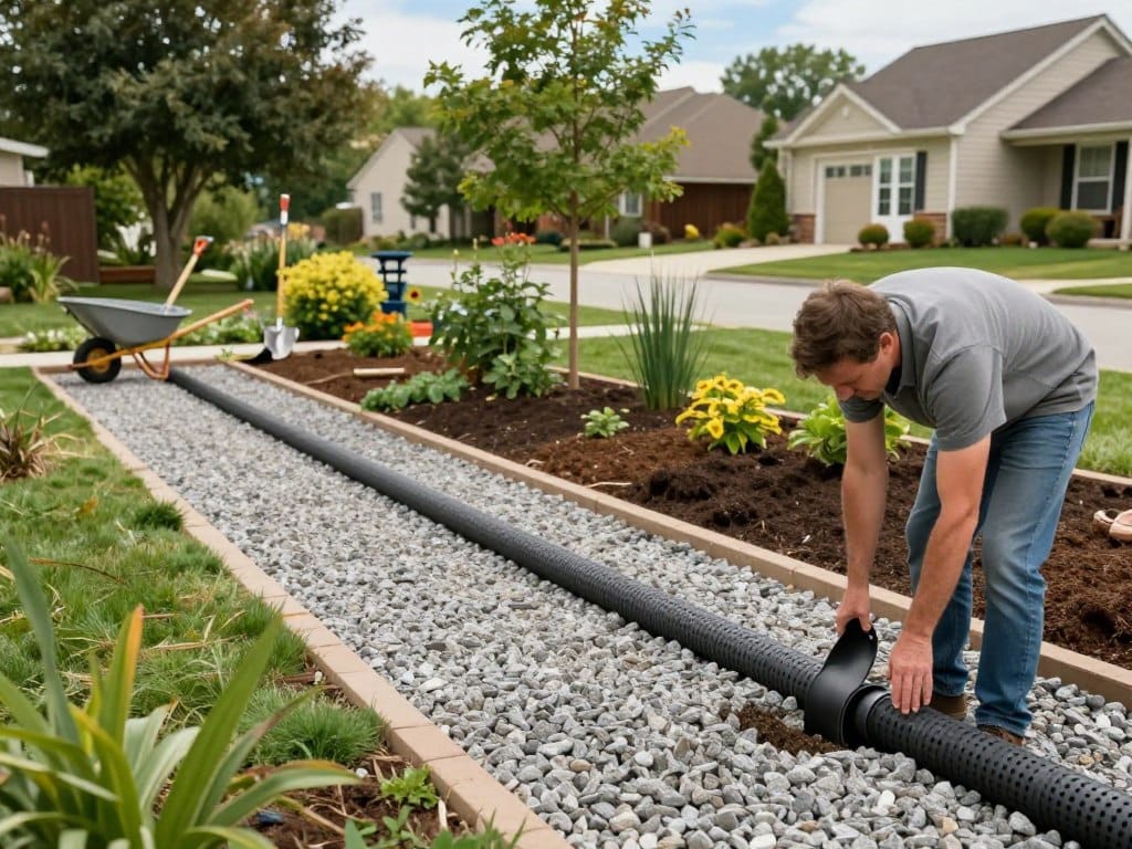 A well-maintained suburban yard showcasing DIY drainage improvements, featuring a detailed landscape of carefully placed gravel trenches leading towards a charming rain garden. In the foreground, include a professional-looking individual in modest casual clothing, actively demonstrating the installation of a perforated drainage pipe. The middle ground reveals an assortment of soil layers and vibrant greenery, with tools like a shovel and a wheelbarrow nearby. The background captures a tranquil home setting with trees and a clear blue sky, enhancing the serene atmosphere. Use soft, natural lighting to evoke a welcoming mood, and opt for a slightly elevated angle to provide a comprehensive view of the drainage solutions and surrounding landscaping.