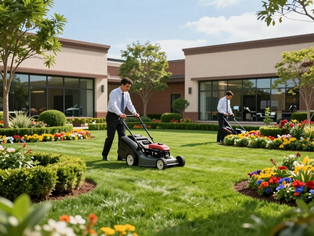 A well-manicured commercial lawn adorned with lush green grass, surrounded by a variety of neatly trimmed hedges and vibrant flower beds showcasing pops of color. In the foreground, a professional landscaping team in smart business attire is carefully tending to the plants and using modern lawn care equipment, such as a mower and edger. The middle ground features a beautifully designed commercial building with large windows reflecting the bright, clear blue sky. In the background, tall trees provide a natural border, creating a serene and inviting atmosphere. Soft, warm daylight enhances the colors, giving a sense of freshness and vitality, while a shallow depth of field highlights the work being done, capturing the essence of comprehensive lawn care services for business exteriors. A well-manicured commercial lawn adorned with lush green grass, surrounded by a variety of neatly trimmed hedges and vibrant flower beds showcasing pops of color. In the foreground, a professional landscaping team in smart business attire is carefully tending to the plants and using modern lawn care equipment, such as a mower and edger. The middle ground features a beautifully designed commercial building with large windows reflecting the bright, clear blue sky. In the background, tall trees provide a natural border, creating a serene and inviting atmosphere. Soft, warm daylight enhances the colors, giving a sense of freshness and vitality, while a shallow depth of field highlights the work being done, capturing the essence of comprehensive lawn care services for business exteriors.
