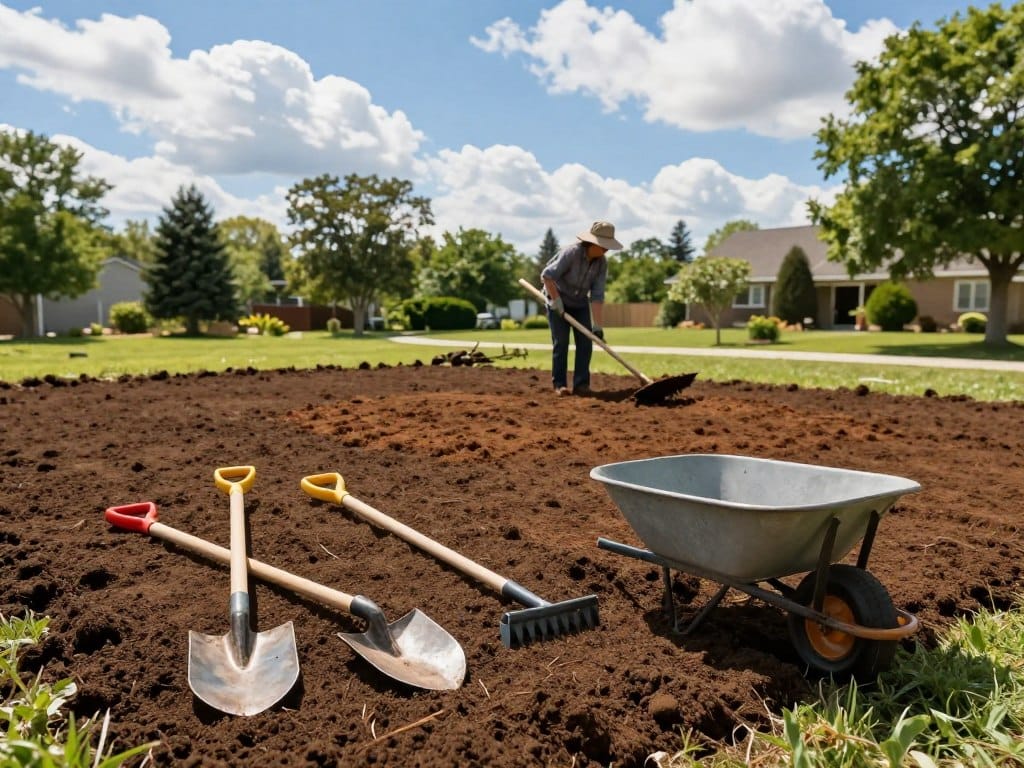 A well-manicured yard being prepared for new sod installation. In the foreground, tools like a shovel, rake, and wheelbarrow are laid out neatly on rich, dark soil. The middle ground features a person in casual work attire, wearing gloves and a sun hat, carefully leveling the soil, while small patches of freshly turned earth reveal rich brown colors. The background showcases a clear blue sky with fluffy white clouds and a row of green trees lining the property edge. Natural sunlight casts soft shadows, creating a warm and inviting atmosphere. The scene captures a sense of diligence and care, highlighting the effort involved in lawn preparation.